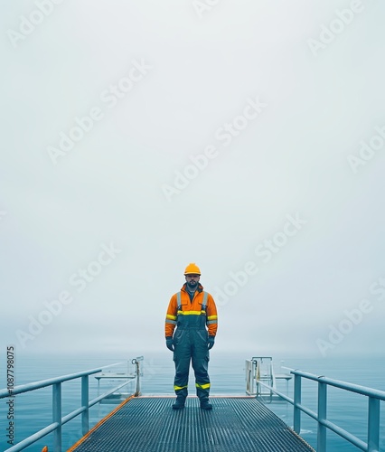 Male worker in orange safety gear stands on a misty dock over calm waters.