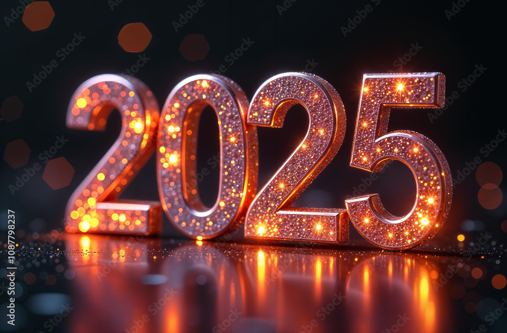 shining numbers 2025 close-up on a dark background. Concept- New Year shining numbers 2025 close-up on a dark background. Concept- New Year