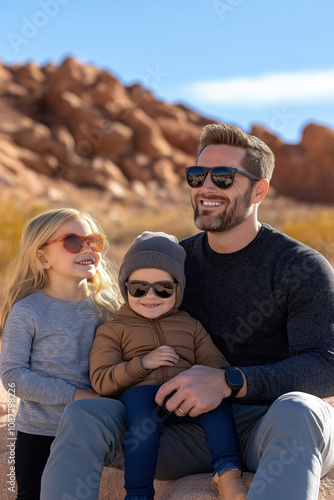 Father and two children enjoying a sunny day outdoors at a desert location