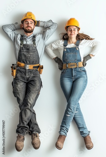 Young mixed-gender construction team relaxing on the floor, dressed in safety gear.