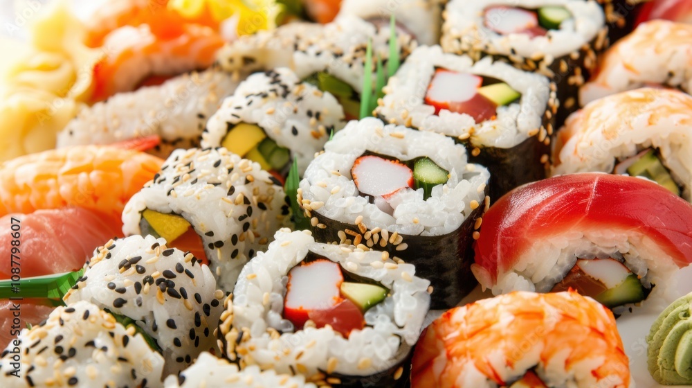 A refreshing platter of assorted sushi rolls including rainbow rolls, dragon rolls A refreshing platter of assorted sushi rolls including rainbow rolls, dragon rolls