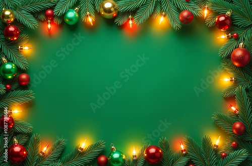 Obraz na płótnie Rectangular frame with Christmas toys and garlands around the edge on a green background and space for copying w salonie