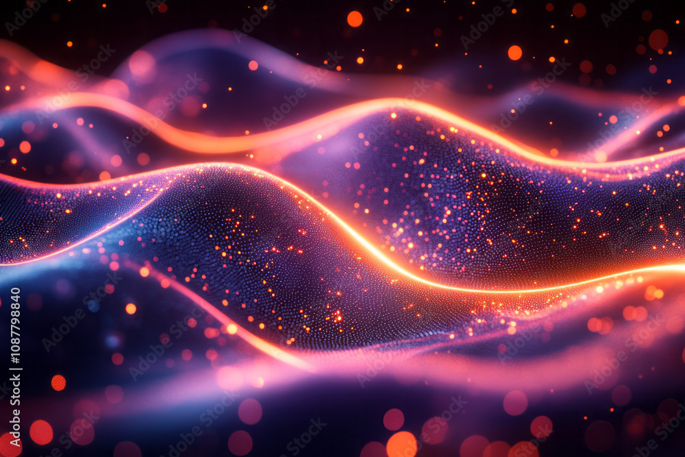 Fototapeta premium A futuristic design featuring glowing ribbons with cascading colorful particles,