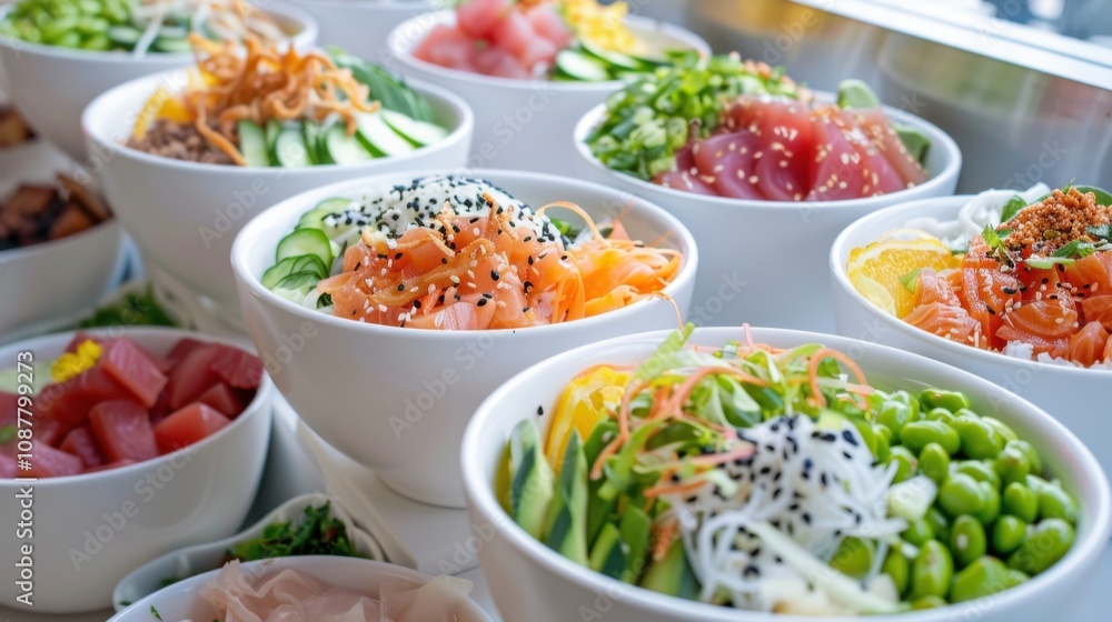 A refreshing poke bowl bar with choices like tuna, salmon A refreshing poke bowl bar with choices like tuna, salmon