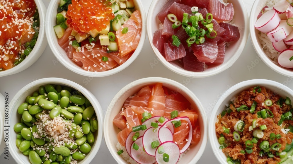 A refreshing poke bowl bar with choices like tuna, salmon A refreshing poke bowl bar with choices like tuna, salmon