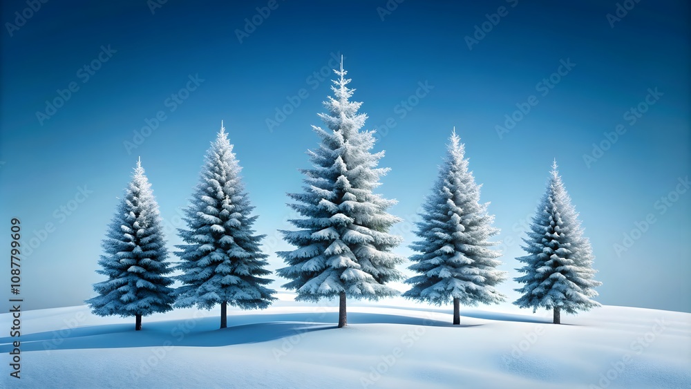 Snow-covered pine trees winter scenery, minimalist snowy forest blue background Snow-covered pine trees winter scenery, minimalist snowy forest blue background