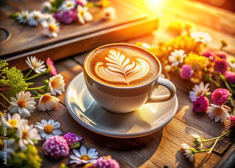 Warm Cappuccino with Intricate Latte Art on a Sunlit Cafe Table Surrounded by Fresh Flowers and a Cozy Atmosphere for a Relaxing Morning Experience Warm Cappuccino with Intricate Latte Art on a Sunlit Cafe Table Surrounded by Fresh Flowers and a Cozy Atmosphere for a Relaxing Morning Experience