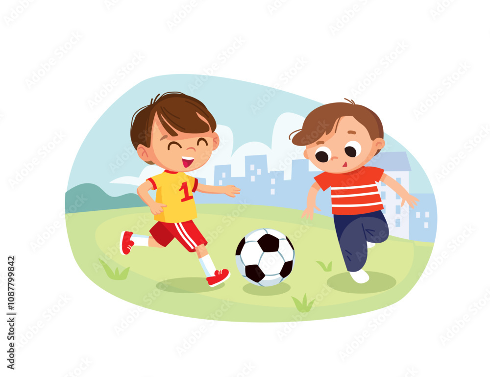 Kids kicking football ball. Two boys playing football soccer on outskirts of town, city on pitch, lawn. school academy football team cup, children's tournament. Kids running and kicking soccer ball.