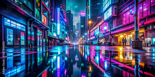 A vibrant, neon-lit urban street reflects colors on wet pavement, showcasing a futuristic city atmosphere at night.