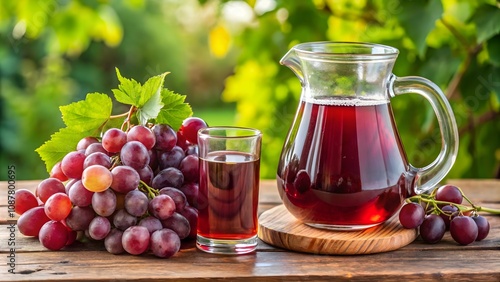 Fresh grape juice with grapes and leaves, vibrant healthy beverage concept 