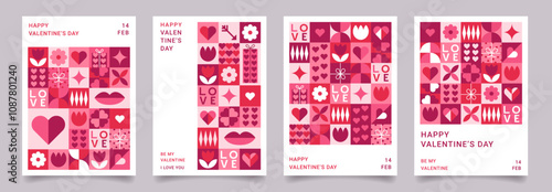 Set of Valentines Day geometric posters templates. Trendy minimalist design with simple shapes and icons. Creative concept for banner, invitation, card, branding, cover.