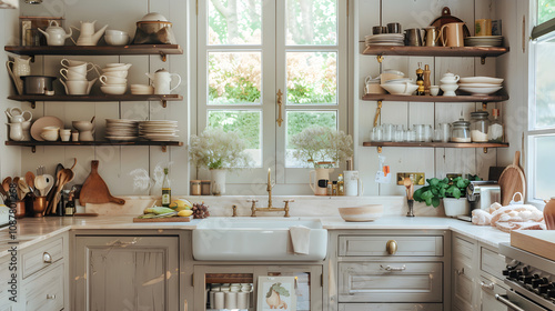 "Charming French Country Kitchen: Open Shelving, Rustic Decor, and Inviting Atmosphere for Culinary Creations"