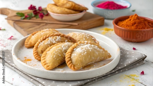 Sweet gujiya dumplings served on plate for Holi and Diwali, festive Indian sweets  
 photo