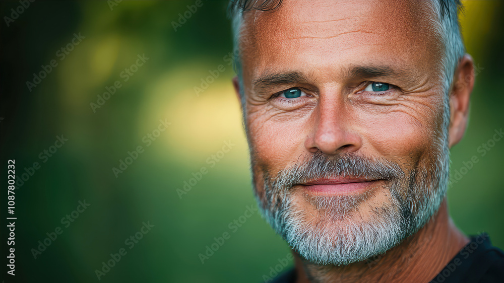 Captivating Close-Up Portrait of a Middle-Aged Man Smiling Warmly in a Tranquil Outdoor Setting Captivating Close-Up Portrait of a Middle-Aged Man Smiling Warmly in a Tranquil Outdoor Setting