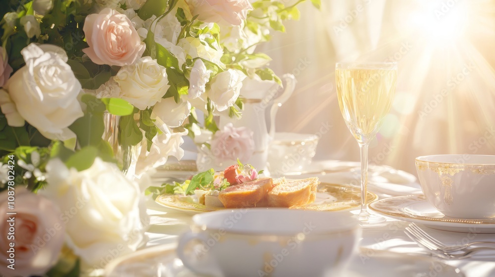Elegant Breakfast Indulgence: Luxurious Dining Experience with Fresh Flowers and Fine China Elegant Breakfast Indulgence: Luxurious Dining Experience with Fresh Flowers and Fine China
