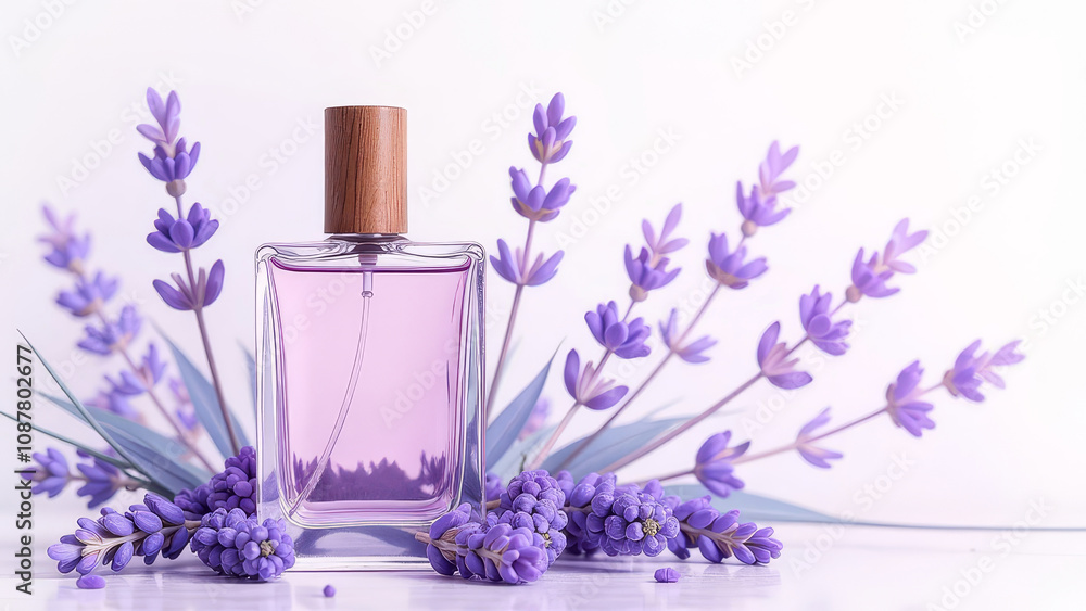 Lavender perfume on a light background among light purple lavender flowers. Can be used as an advertisement for a gift or holiday product. Lavender perfume on a light background among light purple lavender flowers. Can be used as an advertisement for a gift or holiday product.