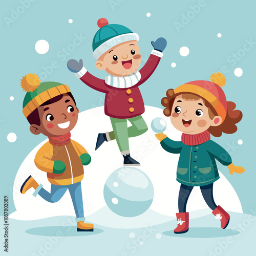 Vector illustration of children playing snowballs