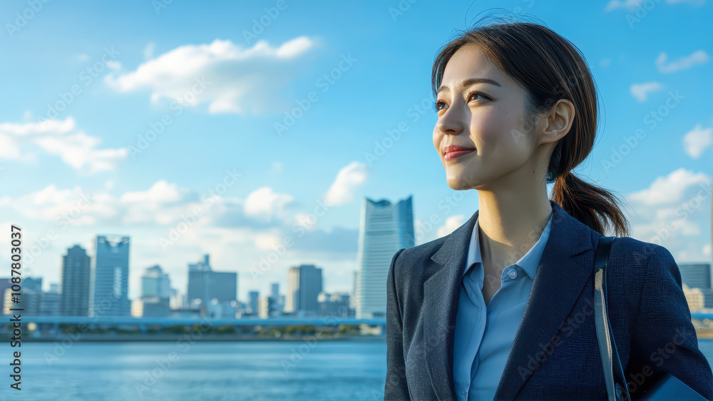 A Young Japanese Woman Enjoying a Serene Moment by the Waterfront in a Vibrant Cityscape A Young Japanese Woman Enjoying a Serene Moment by the Waterfront in a Vibrant Cityscape