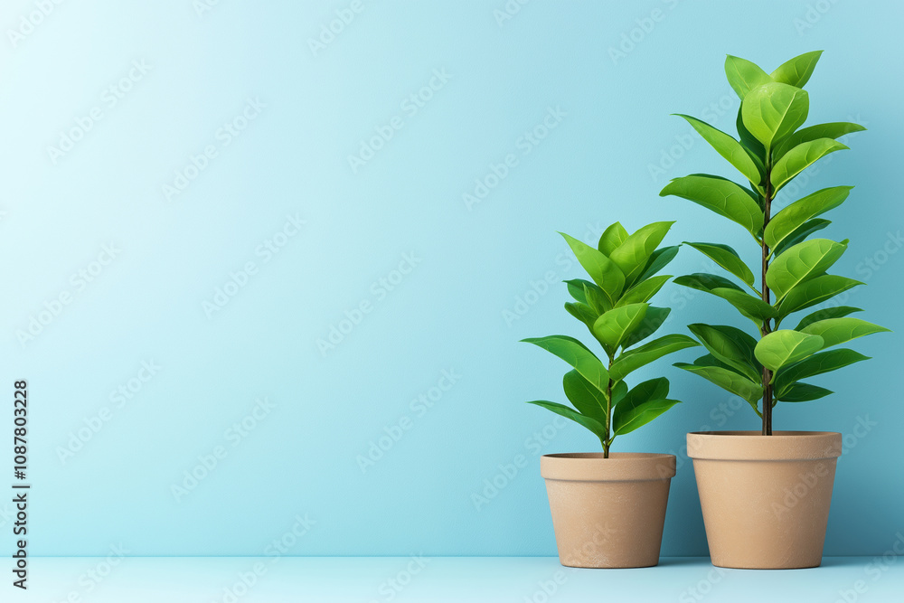 Fototapeta premium Two potted plants against a pastel blue wall in a modern indoor setting