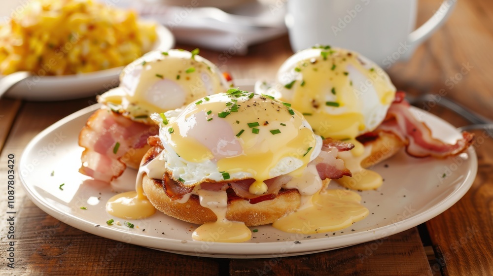 A rich and creamy eggs Benedict with poached eggs, hollandaise sauce A rich and creamy eggs Benedict with poached eggs, hollandaise sauce