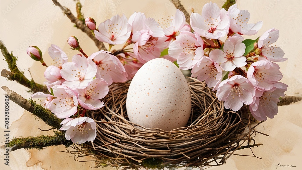 A single speckled egg resting in a twig nest adorned with soft pink cherry blossoms, symbolizing springtime and new life. A single speckled egg resting in a twig nest adorned with soft pink cherry blossoms, symbolizing springtime and new life.