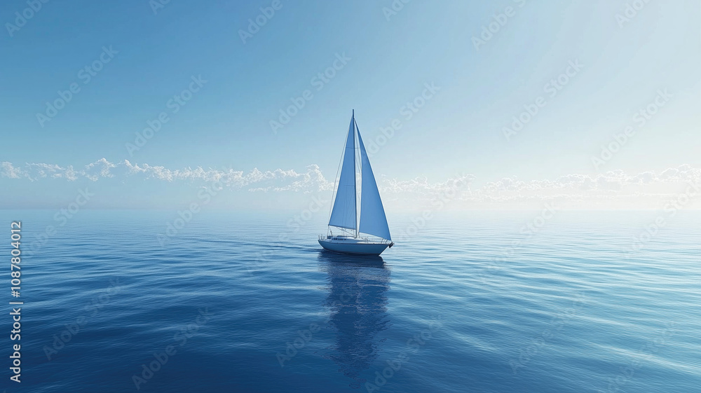 Obraz premium A sailboat glides over a calm blue ocean under a clear sky, leaving a gentle wake trailing behind.