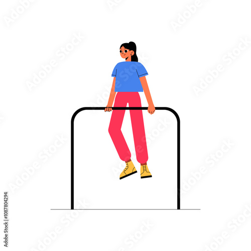 Female Athlete Exercising On Parallel Bars In Flat Vector Illustration Symbolizing Fitness, Strength, And Determination, Isolated On White Background.
