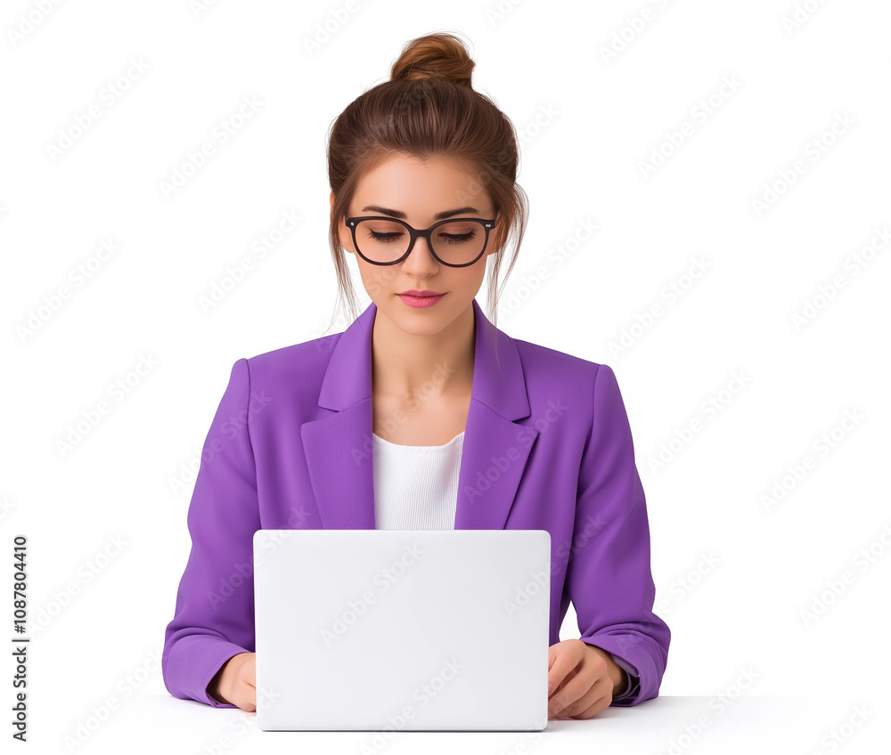 Young woman working on a laptop while dressed in a stylish purple blazer during the day Young woman working on a laptop while dressed in a stylish purple blazer during the day