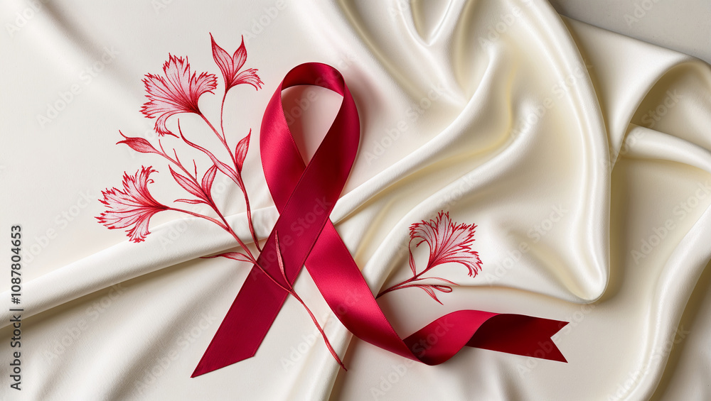 Red Ribbon on Silk with Floral Pattern Red Ribbon on Silk with Floral Pattern