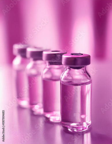 Glass vial with liquid drug. Vaccination concept. Vaccine for virus infection. Pink tones.