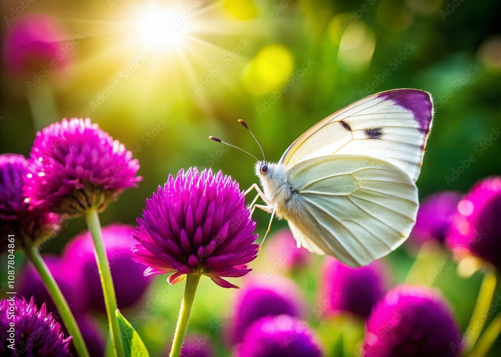 White Butterfly Sipping Nectar from Vibrant Purple Gomphrena Globosa Flower in a Lush Garden Setting, Showcasing Nature's Beauty and Delicate Interactions in the Wild White Butterfly Sipping Nectar from Vibrant Purple Gomphrena Globosa Flower in a Lush Garden Setting, Showcasing Nature's Beauty and Delicate Interactions in the Wild