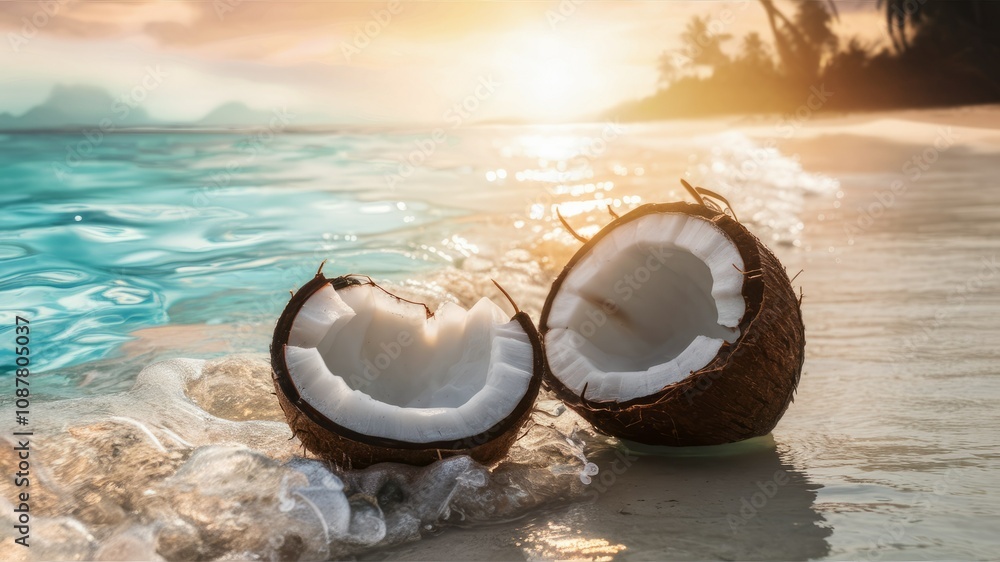 Tropical Paradise: A split coconut on a sandy beach with an ocean backdrop. Sun's rays shine on a perfect summer day Tropical Paradise: A split coconut on a sandy beach with an ocean backdrop. Sun's rays shine on a perfect summer day
