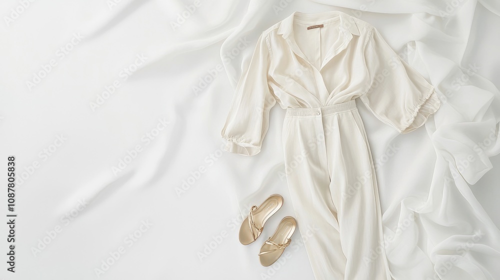 Elegant Luxury Fashion Flat Lay with Linen Blouse and Gold Jewelry on Soft White Fabric Background Elegant Luxury Fashion Flat Lay with Linen Blouse and Gold Jewelry on Soft White Fabric Background