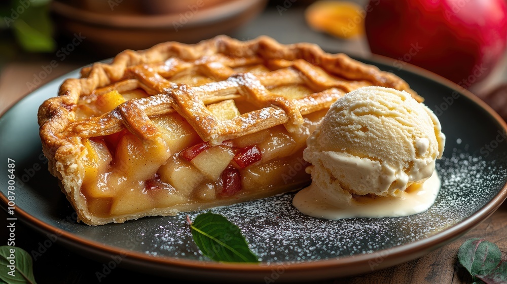 Delicious piece of apple pie with ice cream and icing sugar on a plate Delicious piece of apple pie with ice cream and icing sugar on a plate