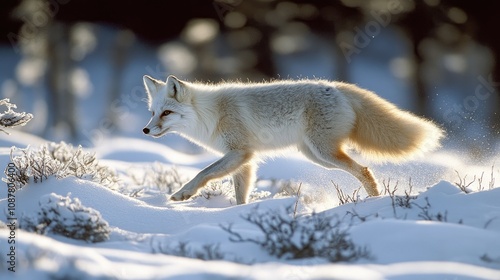 Arctic fox trotting on snow during winter season photo