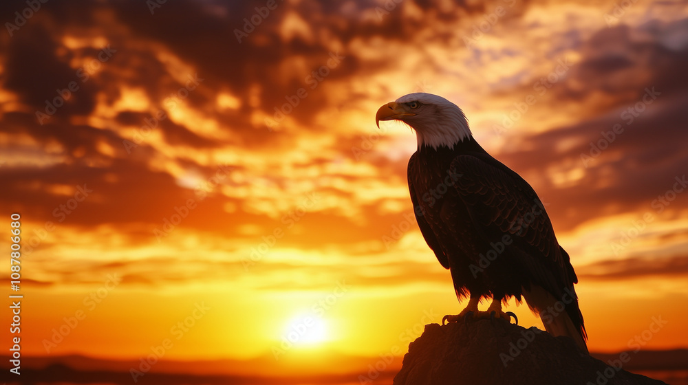 Fototapeta premium Eagle Silhouette Against Sunset with American Flag Background