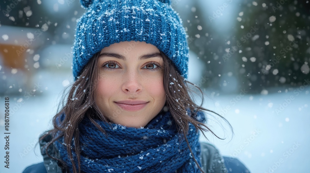 Beautiful woman smiling under falling snowflakes in winter Beautiful woman smiling under falling snowflakes in winter