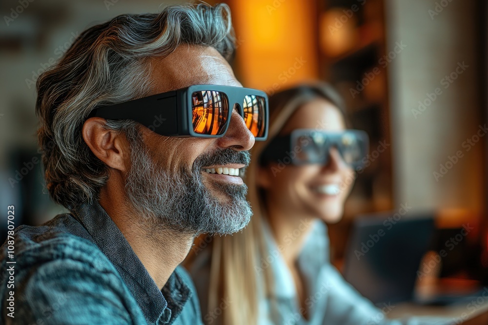 Smiling business people wearing augmented reality glasses watching presentation Smiling business people wearing augmented reality glasses watching presentation
