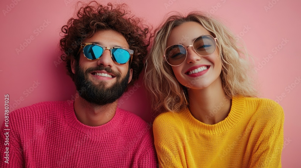 Cheerful models smiling and wearing sunglasses on pink background Cheerful models smiling and wearing sunglasses on pink background