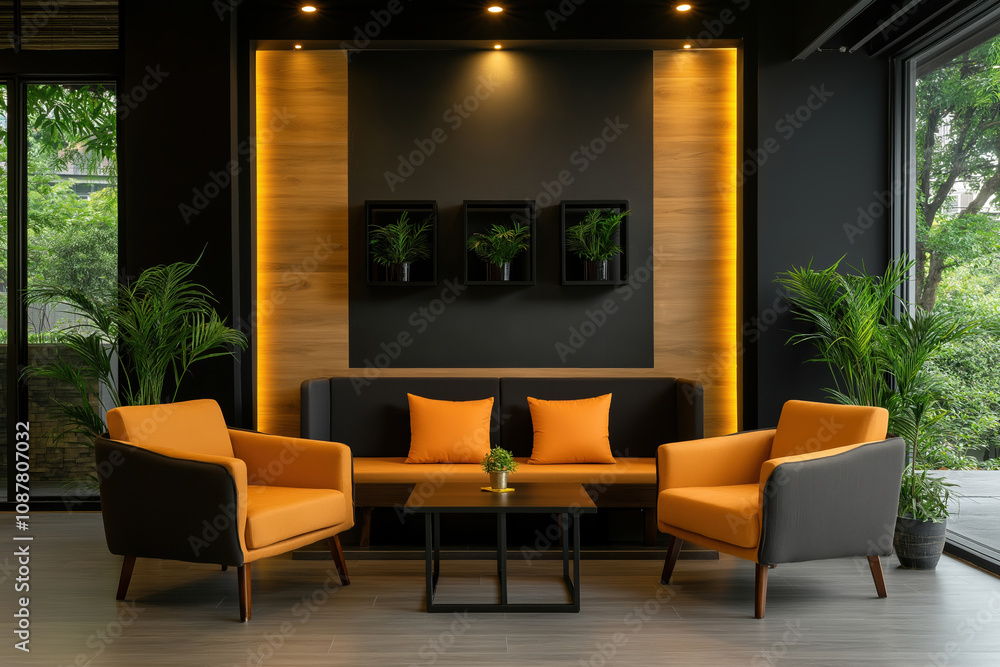 Modern living room with orange chairs and green plants in stylish urban space Modern living room with orange chairs and green plants in stylish urban space