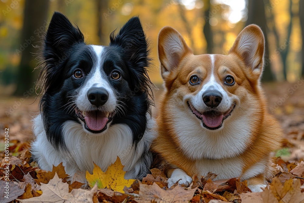 Border collie and welsh corgi pembroke smiling lying on autumn leaves