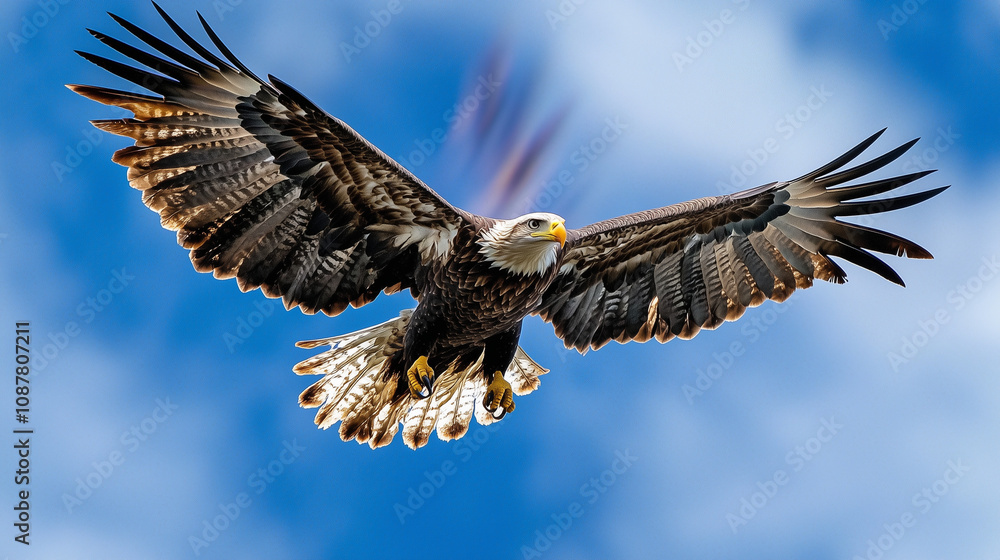 Naklejka premium Eagle Diving with American Flag Background