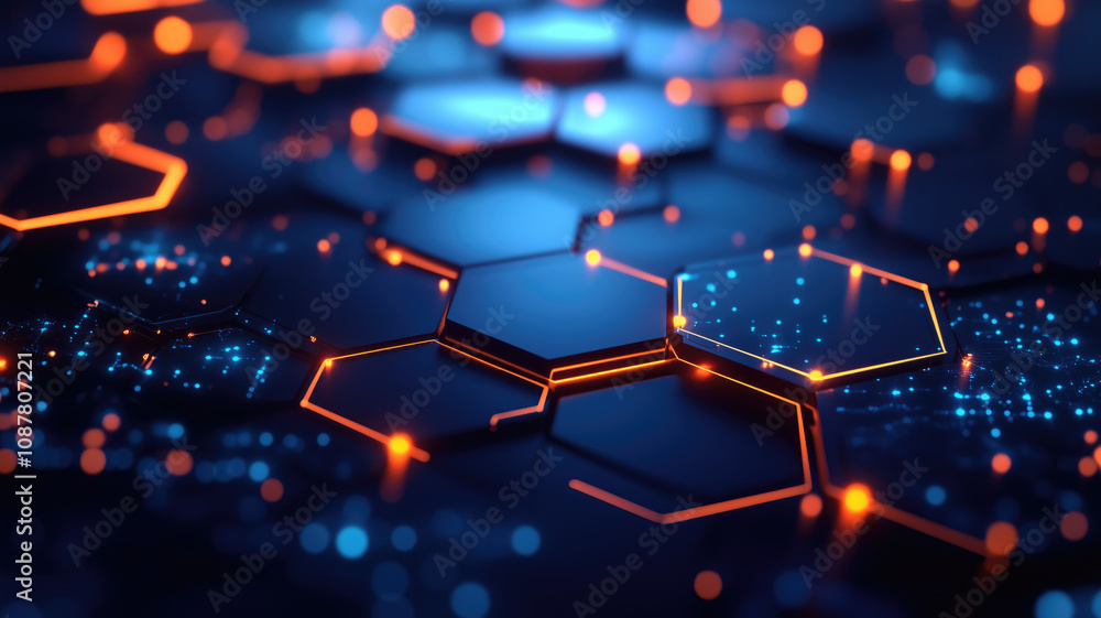 Abstract background hexagon pattern with glowing lights - Generative Ai Abstract background hexagon pattern with glowing lights - Generative Ai