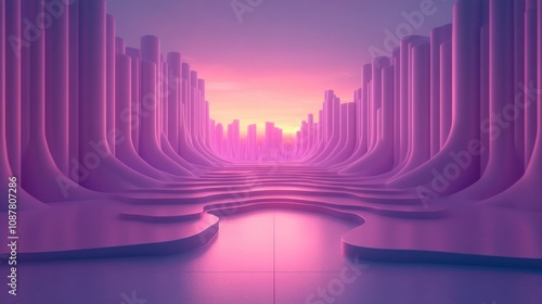 Abstract futuristic landscape with purple pillars and a pink sky.