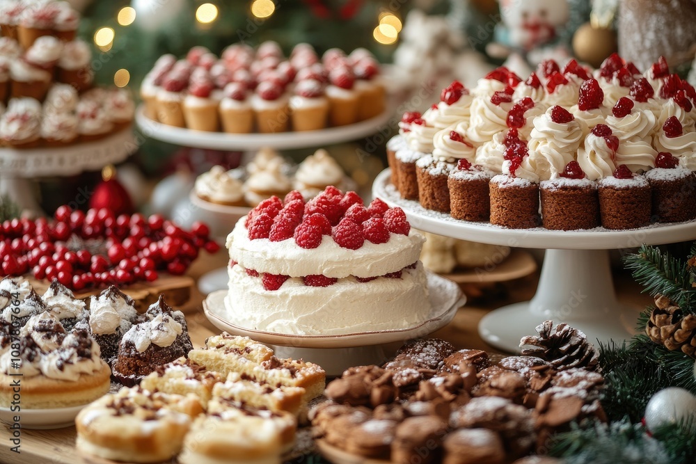 Delicious christmas cakes and desserts displaying on table Delicious christmas cakes and desserts displaying on table