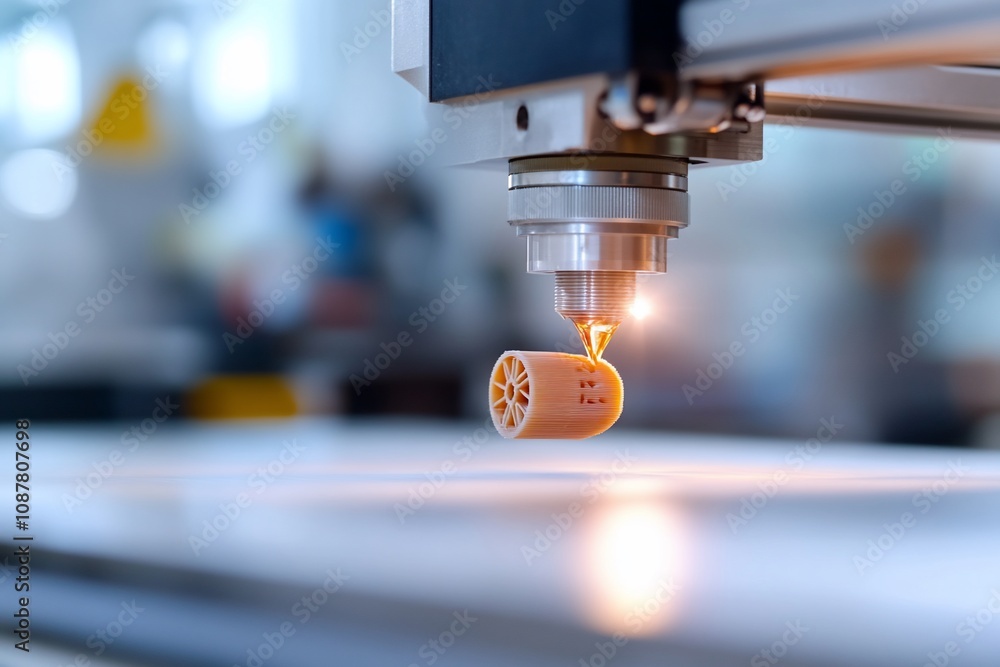 A close-up of a 3D printer nozzle extruding a filament object in an industrial setting. A close-up of a 3D printer nozzle extruding a filament object in an industrial setting.