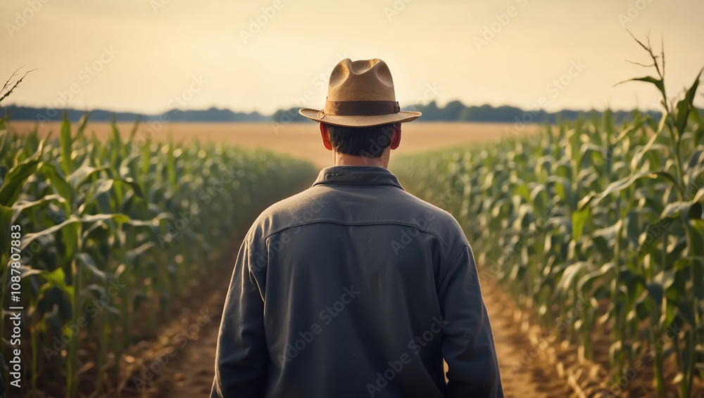 rear view of a farmer standing looking at a corn field rear view of a farmer standing looking at a corn field