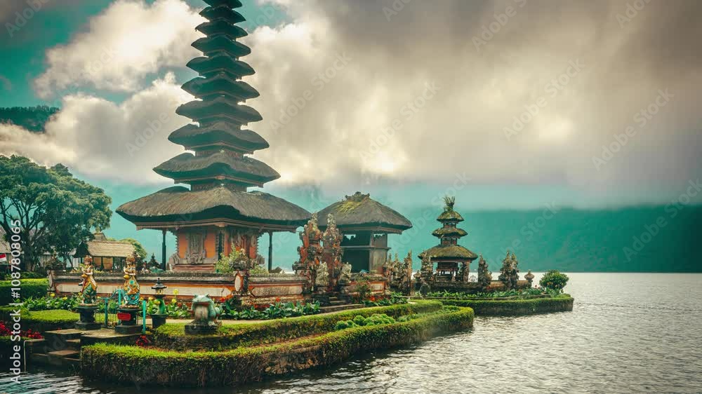 Ulun Danu Beratan Temple in Bali - Bali's Iconic Lake Temple, is both a famous picturesque landmark and a significant temple complex on the western side of Beratan Lake. Bali, Indonesia 4K Time lapse