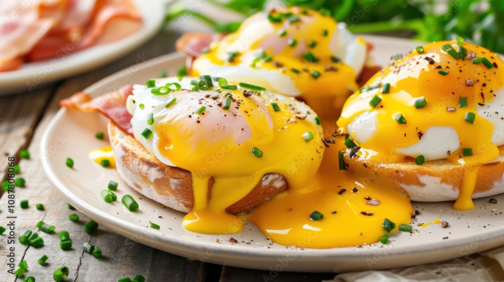 A savory plate of eggs Benedict with poached eggs, Canadian bacon A savory plate of eggs Benedict with poached eggs, Canadian bacon