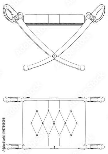 Pouf line vector antique furniture, Renaissance style. For museum and palace interiors. Room decoration. Hand draw vector illustration isolated on white background.